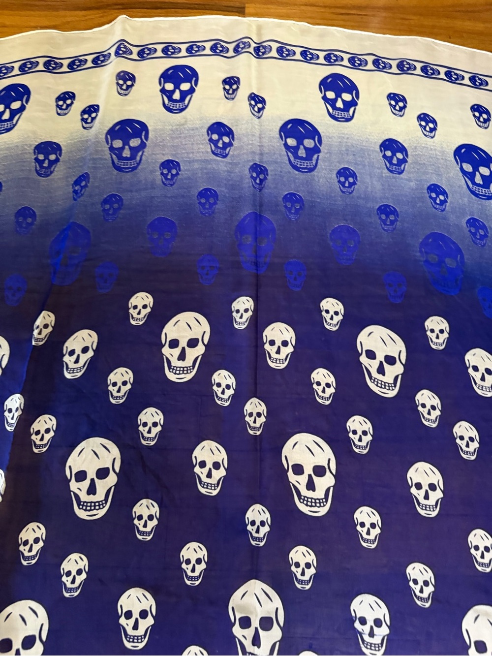 Alexander McQueen Skull Print Scarf in White and Deep Blue Silk Scarf.